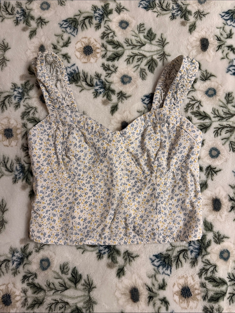 Jopna Yellow & Blue Floral Smocked-Strap Crop Top